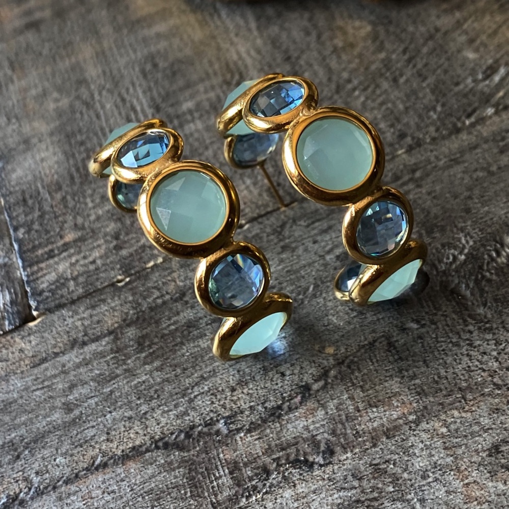 NEW Gold & Blue Stones Chunky Hoop Earrings - Picture 10 of 16